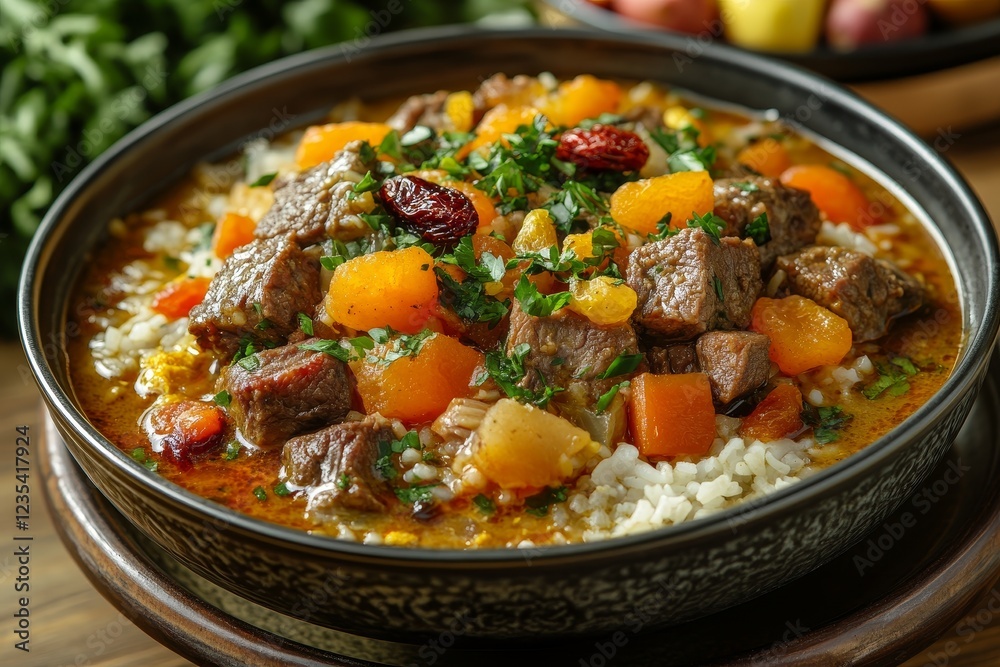 Savory Beef Stew with Rice, Autumn Vegetables Savory Beef Stew with Rice, Autumn Vegetables