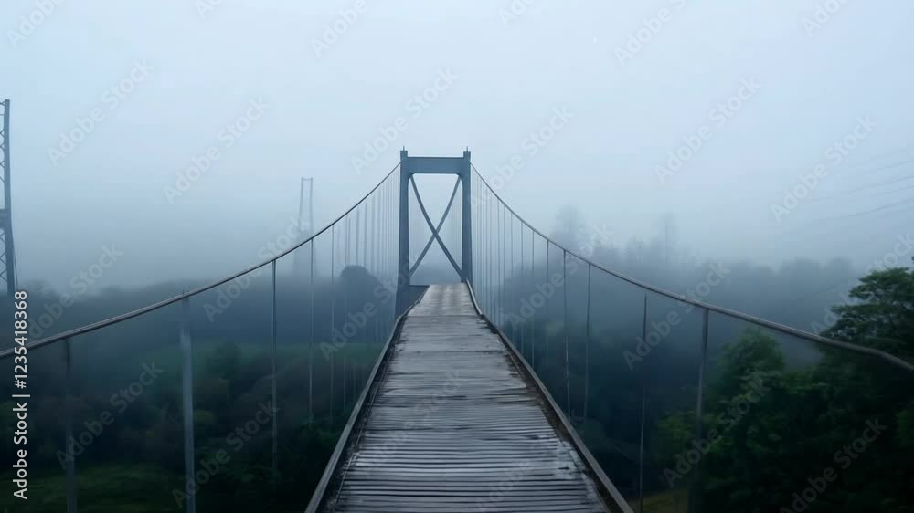 Suspended bridge in a foggy landscape with a serene, mysterious atmosphere. Architecture concept Suspended bridge in a foggy landscape with a serene, mysterious atmosphere. Architecture concept