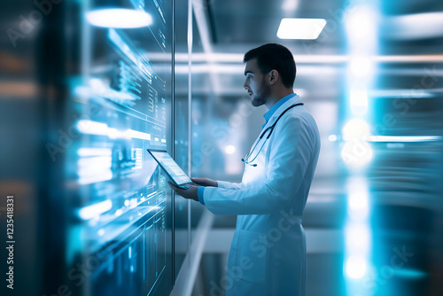 A focused healthcare professional interacts with digital technology, showcasing modern medical practices and data management in a high-tech environment.