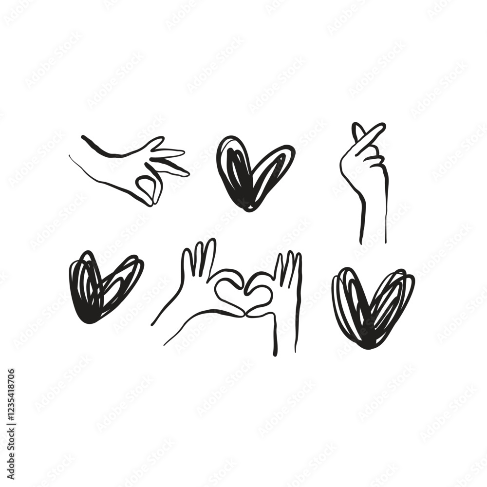 Obraz premium Hands with hearts collection of illustrations in hand drawn style. Vector Illustration of hands and hearts. Line art in a minimalist style. Logo design, posters, cards.