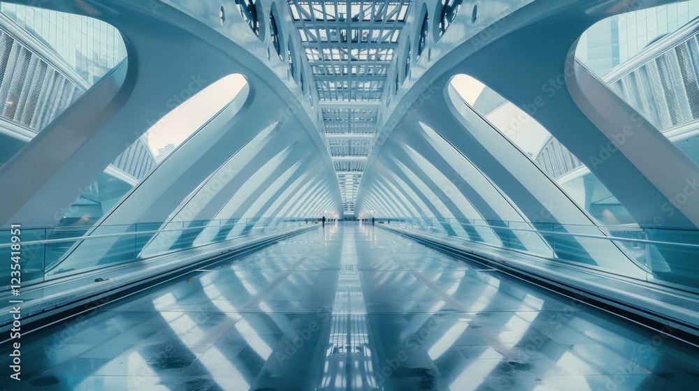 Obraz premium modern architectural interior featuring sleek lines and reflective surfaces, showcasing futuristic design with spacious walkway