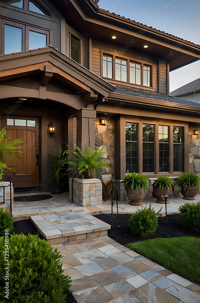 Obraz premium Luxury Home Exterior: Modern Stone and Wood Architecture, Landscaping, and Pathway Design