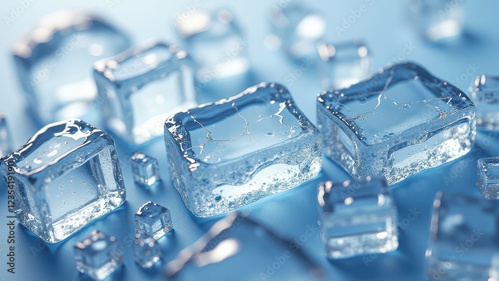 Melting irregular ice cubes with water droplets on a reflective wet surface Melting irregular ice cubes with water droplets on a reflective wet surface