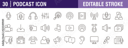 Collection of podcast icons. Interviews, media. Vector design template, signs, symbols, editable stroke.