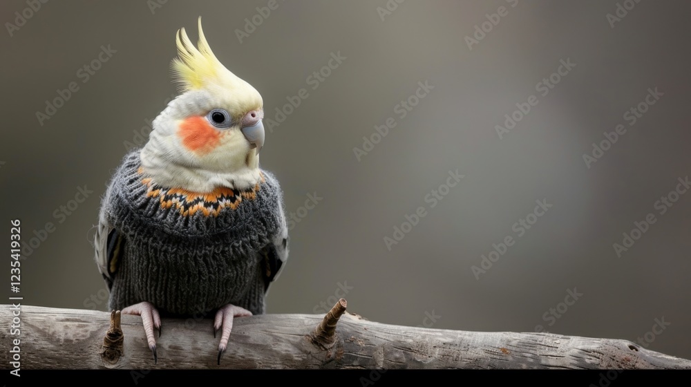 Obraz premium cockatiel wearing cozy sweater perched on branch, showcasing its vibrant colors and playful demeanor. This charming bird adds whimsical touch to any setting