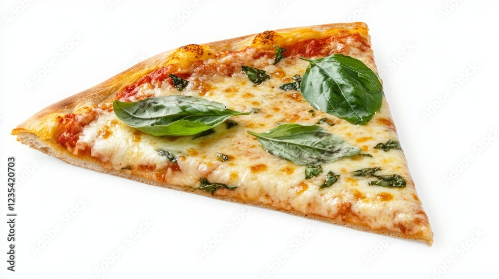 A cheesy pizza slice with fresh basil. Delicious!
