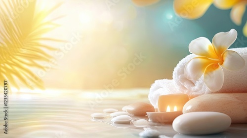 Tranquil Spa Scene with Candles, Flowers, and Serene Water Background