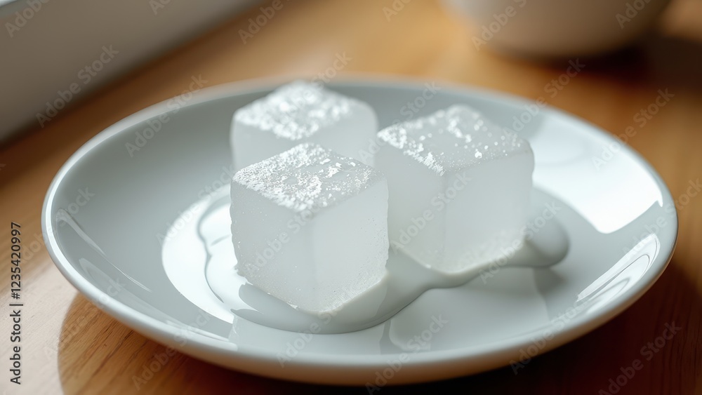 Melting white jelly cubes with water droplets on a plate in soft lighting	