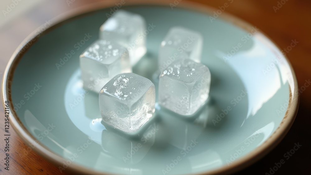 Melting white jelly cubes with water droplets on a plate in soft lighting Melting white jelly cubes with water droplets on a plate in soft lighting