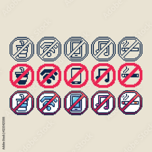 this is prohibition icon set in pixel art, this item good for presentations,stickers, icons, t shirt design,game asset,logo and your project.