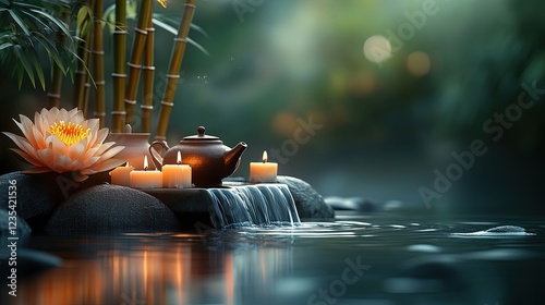Tranquil Water Scene with Lotus Flower and Teapot in Nature