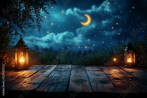 Romantic Night Scene with Lanterns on a Wooden Table