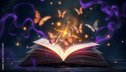 magical glowing open book, vibrant butterflies emerging from pages, swirling purple ribbons, sparkles and light particles, dark background, fantasy illustration, colorful, ethereal, whimsical, detaile