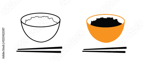 A Vector of Cartoon bowl and eating chopsticks or Chinese chopsticks on white background. sushi set with chopsticks logo and silhouette art work.