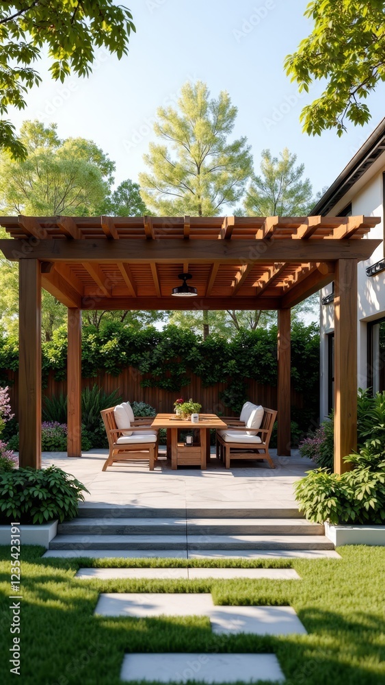 Naklejka premium A shaded outdoor structure with a wooden roof and pillars