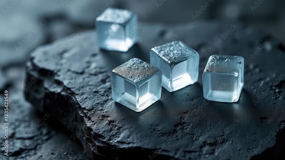 Melting ice cubes with water droplets on a dark slate surface in moody lighting Melting ice cubes with water droplets on a dark slate surface in moody lighting