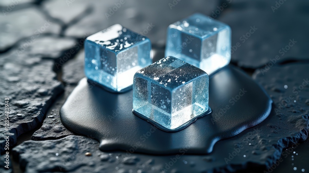 Melting ice cubes with water droplets on a dark slate surface in moody lighting Melting ice cubes with water droplets on a dark slate surface in moody lighting