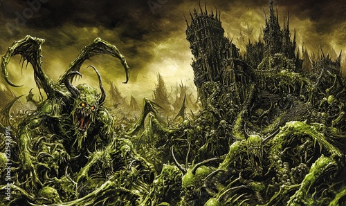Demonic horde besieging dark castle, apocalyptic scene