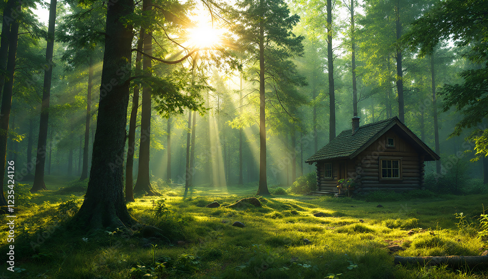 Sunlit Cabin in Lush Green Forest Landscape Sunlit Cabin in Lush Green Forest Landscape