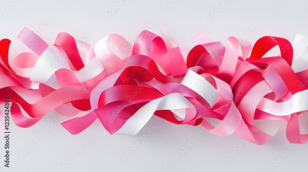 A vibrant arrangement of pink and white ribbons, elegantly twisted together, perfect for festive decorations and creative projects. A vibrant arrangement of pink and white ribbons, elegantly twisted together, perfect for festive decorations and creative projects.