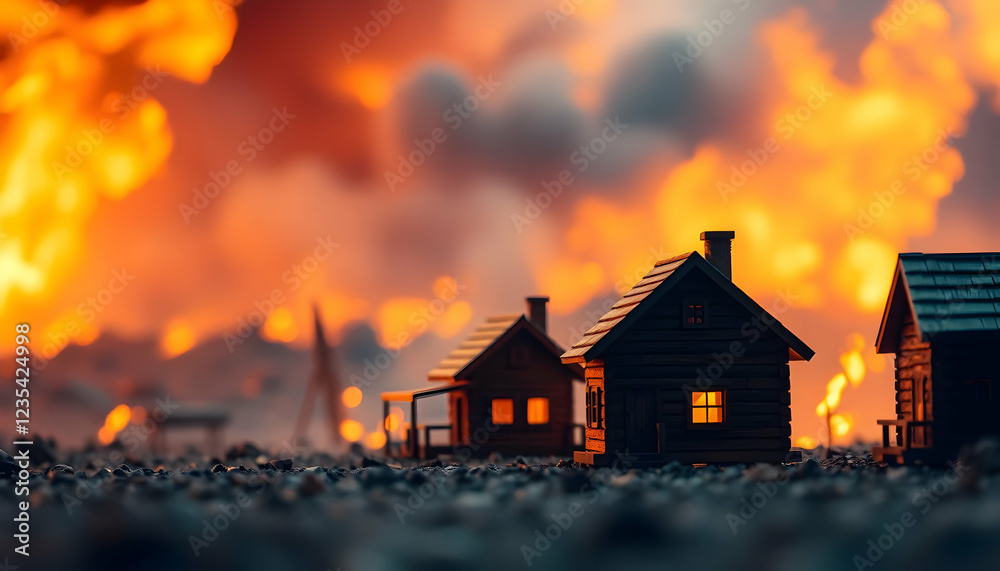 Miniature wooden houses, blazing sunset sky, dramatic orange clouds, silhouetted buildings, fiery backdrop, atmospheric lighting, cinematic scene, tilt-shift effect, shallow depth of field, moody land Miniature wooden houses, blazing sunset sky, dramatic orange clouds, silhouetted buildings, fiery backdrop, atmospheric lighting, cinematic scene, tilt-shift effect, shallow depth of field, moody land