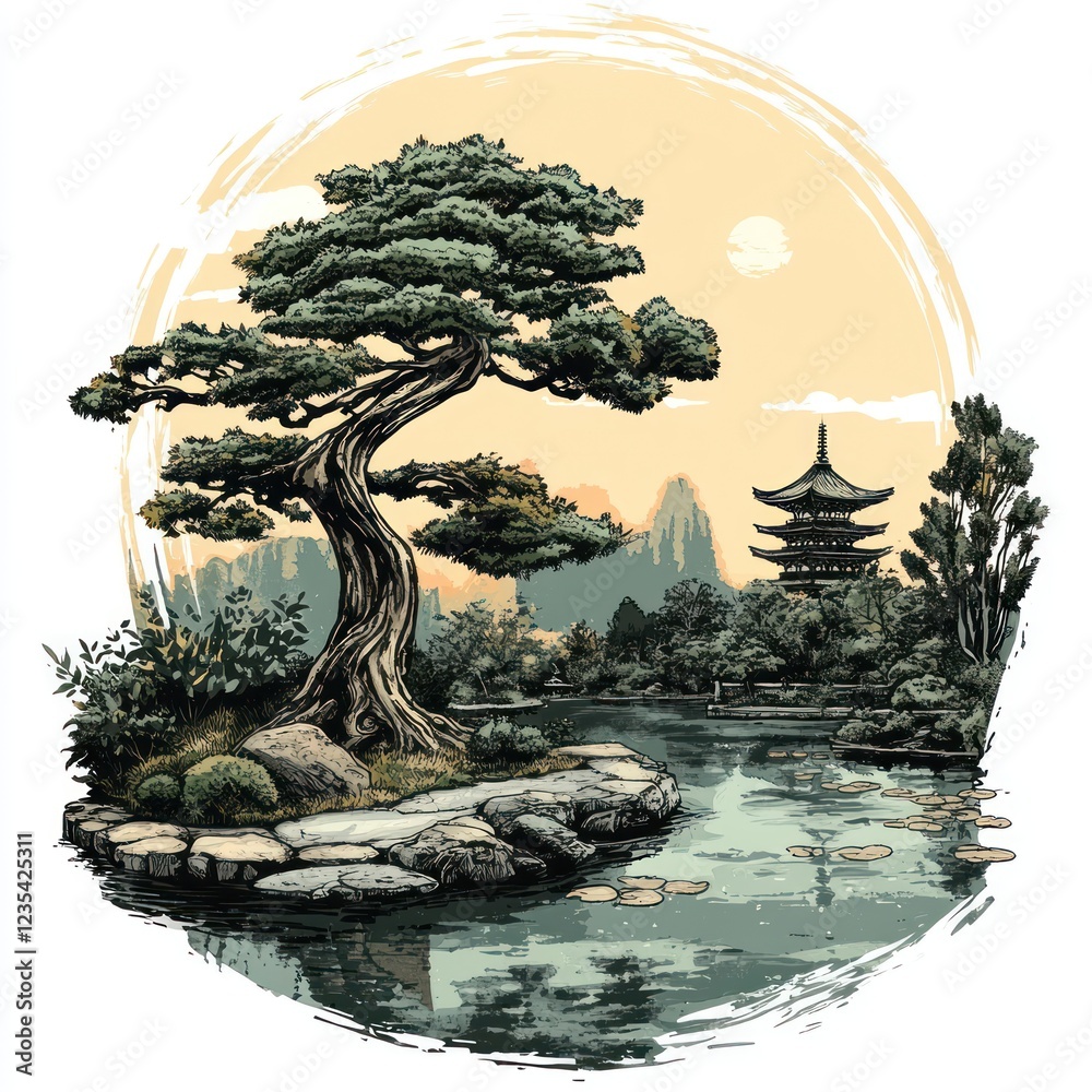 Obraz premium Serene Japanese Garden Landscape Featuring Bonsai Tree and Pagoda