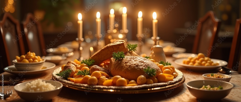 A beautifully set table with a delicious meal, perfect for a special occasion A beautifully set table with a delicious meal, perfect for a special occasion