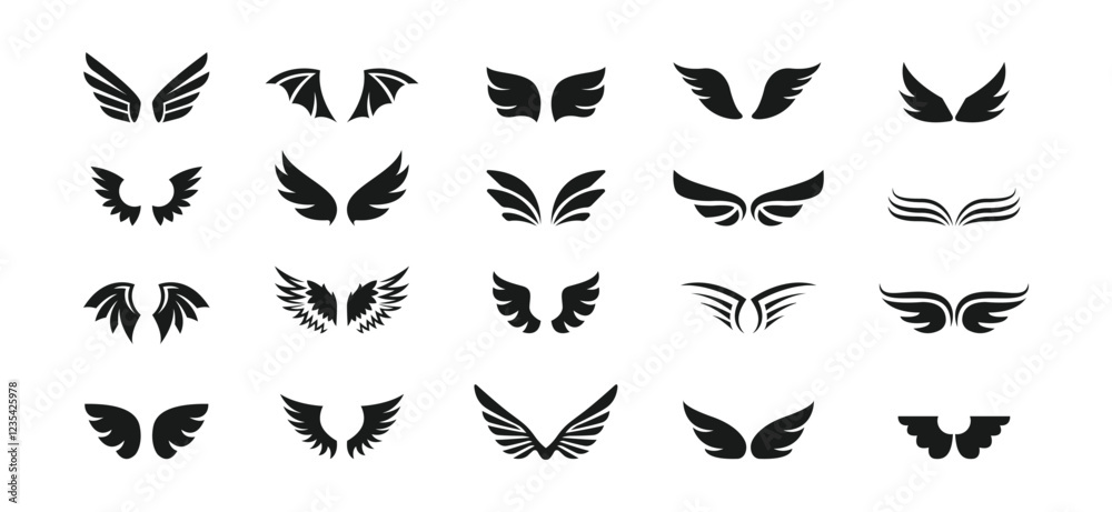 Wing vector. Wing icon set. ngel feather wing, silhouette. Linear fly winged angels, flying heaven hand drawn doodle icons. Vector illustration Wing vector. Wing icon set. ngel feather wing, silhouette. Linear fly winged angels, flying heaven hand drawn doodle icons. Vector illustration