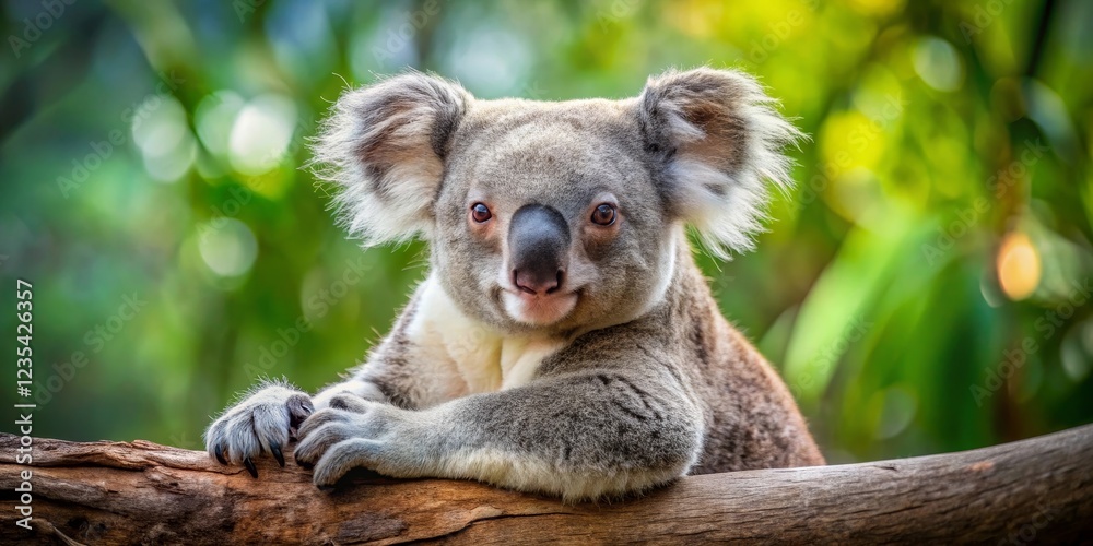 Naklejka premium A Close-Up Portrait of a Koala Bear Resting on a Tree Branch in a Lush Green Forest