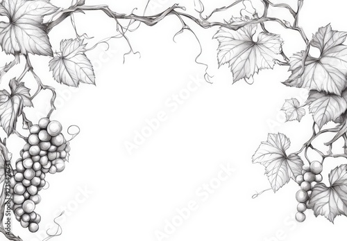 A drawing of grapes and vines with a white background