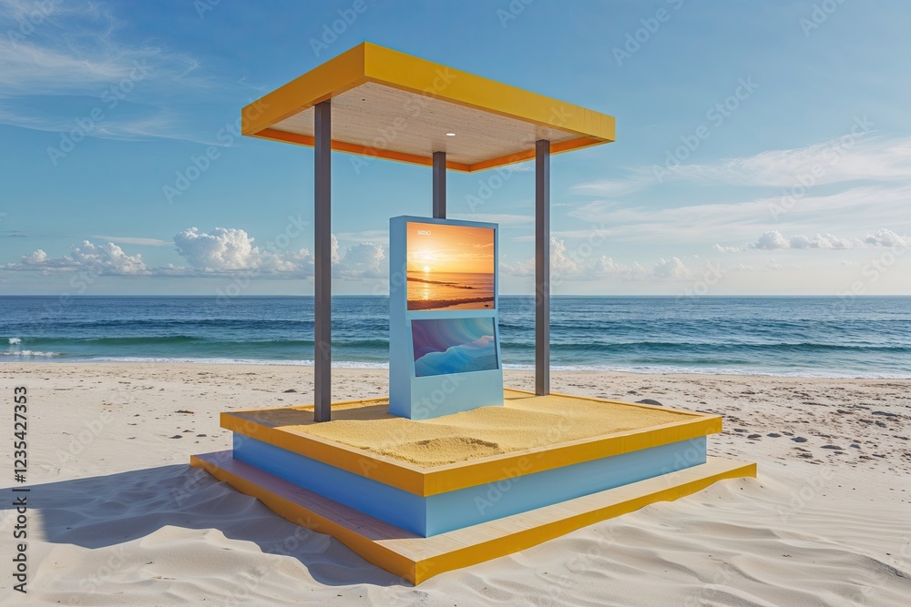 Beach Podium Summer Scene with 3D Display Platform, Sand, Sea, and Sky Beach Podium Summer Scene with 3D Display Platform, Sand, Sea, and Sky