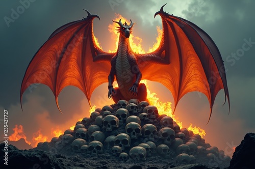 Fiery red dragon perched atop a pile of human skulls