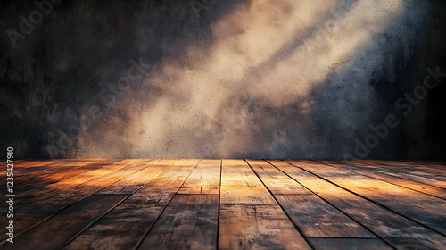 Dimly lit wooden floor in an atmospheric room with soft light rays