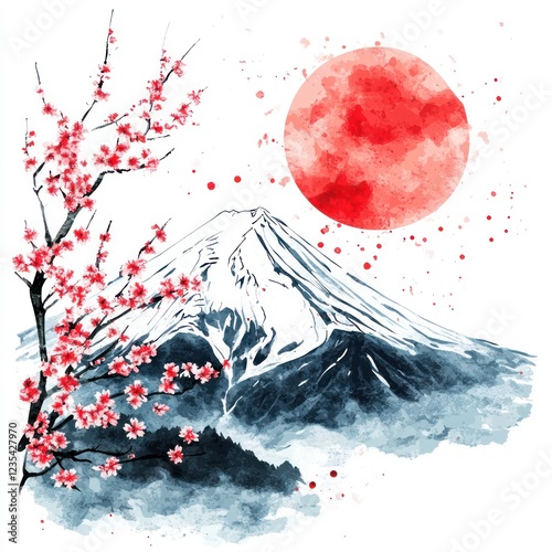 Watercolor Painting of Mount Fuji with Cherry Blossoms photo