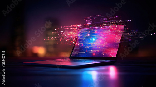 laptop with vibrant digital display shows dynamic data streams and glowing lights, symbolizing advanced technology and digital innovation. colorful lights create futuristic atmosphere