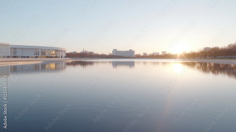 Calm sunrise over reflecting pool, city skyline Calm sunrise over reflecting pool, city skyline