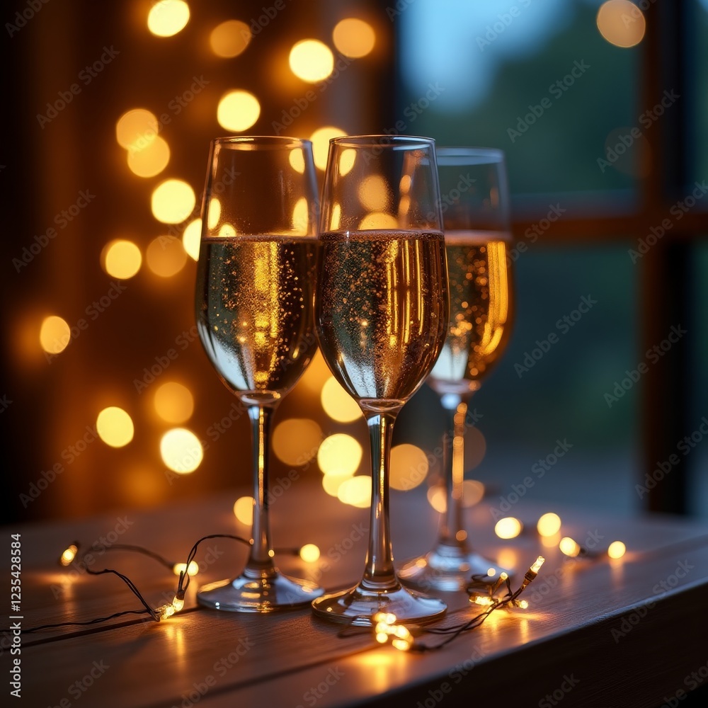 Festive bubbles and golden sparkles in elegant glasses, set against a warm, twinkling lights backdrop