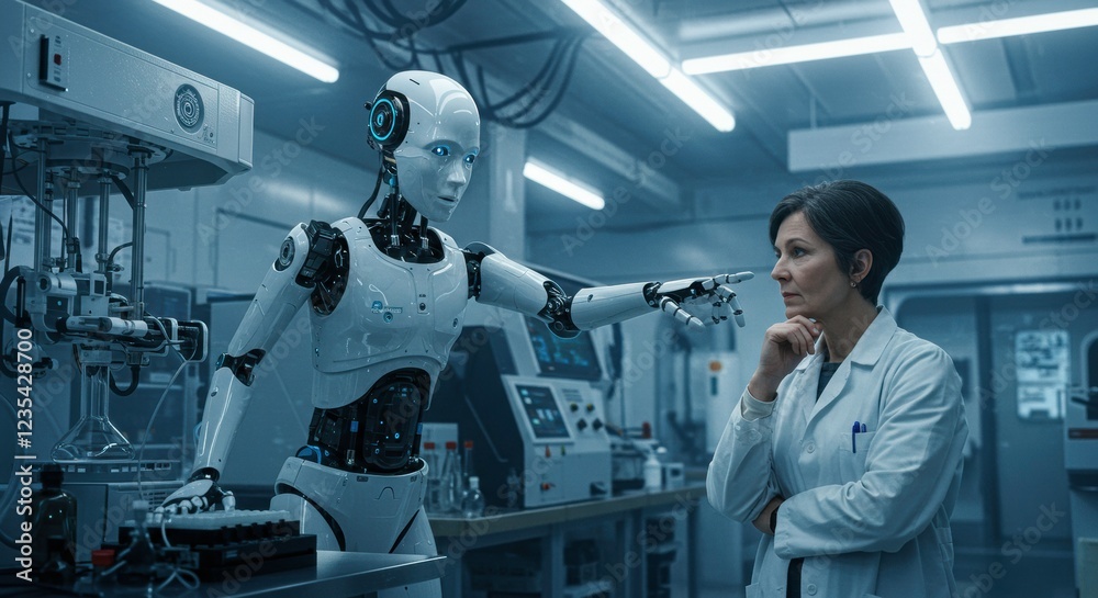 The Future of Science: A female scientist gazes thoughtfully as an advanced humanoid robot gestures towards a futuristic laboratory setting. The Future of Science: A female scientist gazes thoughtfully as an advanced humanoid robot gestures towards a futuristic laboratory setting.