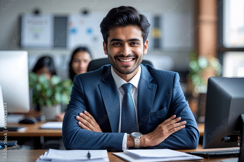 Confident Young Indian Professional Smiling at Office Desk Portrait Confident Young Indian Professional Smiling at Office Desk Portrait