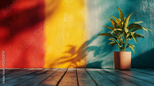 Vibrant indoor plant against a colorful wall with wooden flooring and shadows