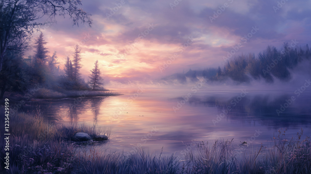 Peaceful Riverside View at Dusk With Serene Water and Gentle Hues in the Sky. Generative AI Peaceful Riverside View at Dusk With Serene Water and Gentle Hues in the Sky. Generative AI