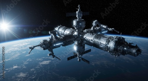Fototapeta Naklejka Na Ścianę i Meble -  Orbiting the Future: A futuristic space station with solar panels, docking ports, and multiple modules orbits above a vibrant blue Earth, with the sun casting a radiant glow on the scene.