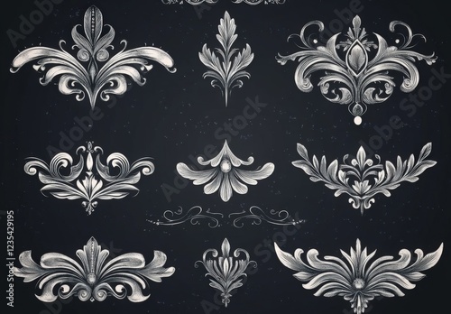 A set of black and white drawings of flowers and leaves