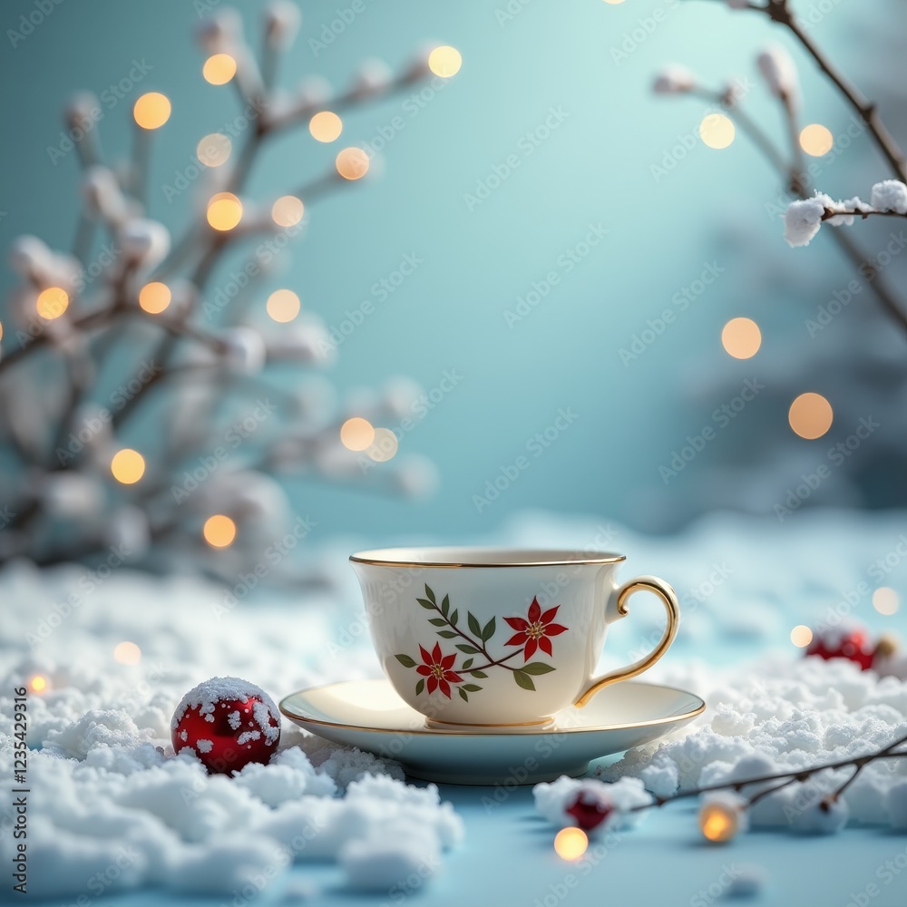 Fototapeta premium A delicate white teacup with a red flower design, surrounded by snow and Christmas lights