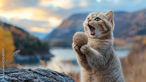 Cat Holding Textured Ball Outdoors With Open Mouth And Mountainous Background On A Beautiful Day. photo