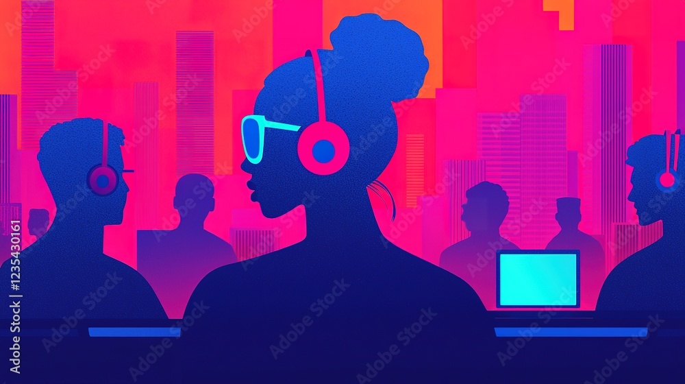 Fototapeta premium A vibrant digital illustration depicting a profile of a person wearing headphones, surrounded by others, set against a colorful cityscape.