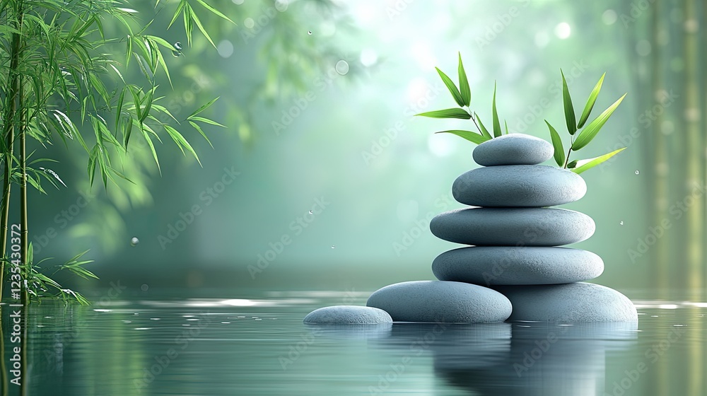 Tranquil Zen Garden with Stones and Bamboo in Soft Green Light Tranquil Zen Garden with Stones and Bamboo in Soft Green Light
