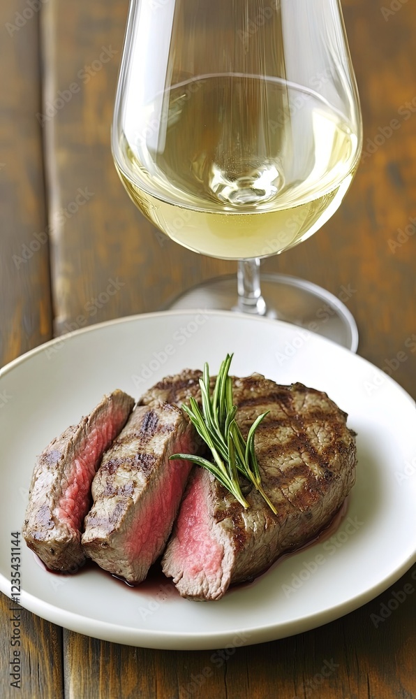 Grilled steak slices with rosemary, white wine, on a plate, wooden table Grilled steak slices with rosemary, white wine, on a plate, wooden table
