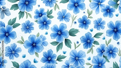 Beautiful blue flowers and green leaves on a white background