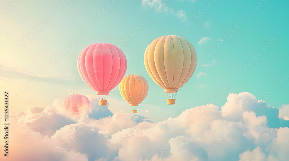 Fototapeta premium Colorful hot air balloons soaring through fluffy clouds at sunset